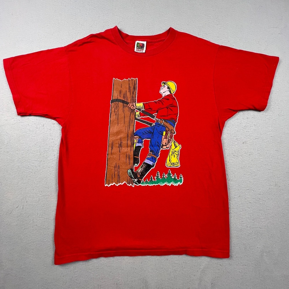 VTG Halls Safety Equipment Lineman Graphic T Shirt Red Y2K Utility Powerline